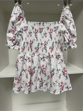SHEIN White Floral Smocked Peplum Top with Pink Roses